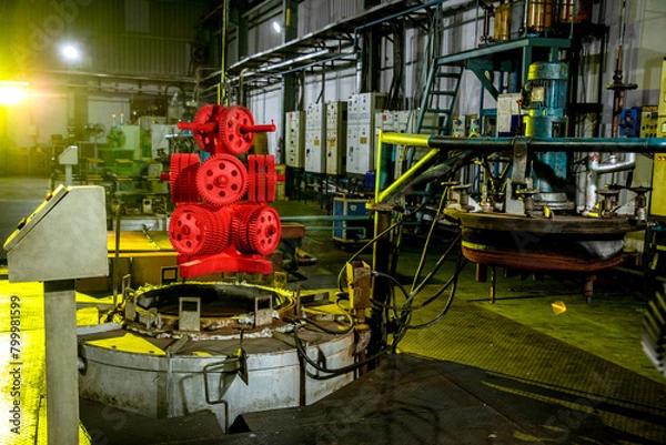 Obraz gas carburizing furnace, hardening process of metal parts controlled cooling with oil and water quenching, hot red heated forged iron steel components pieces dipping in water oil bath with scada