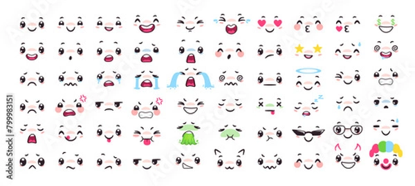 Fototapeta Cartoon faces with different emotions. Eyes and mouth. Vector set of comic character expretions - angry, joy, crying, sad, vomit and surprised