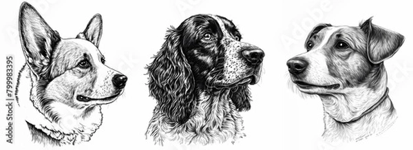Fototapeta Three realistic pencil or ink portraits of dog breeds: pembroke welsh corgi, spaniel and jack russell terrier on white background. Hand drawn illustration for vet or pet shop