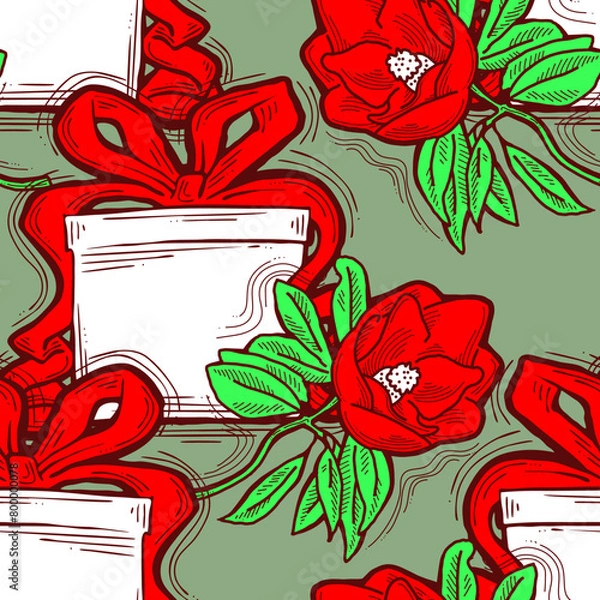 Fototapeta Gift box, ribbon and flowers seamless vector pattern for wrapping present with bow, party celebration, sale promotion, Textile print, fabric design, banner background. Hand drawn style illustration.