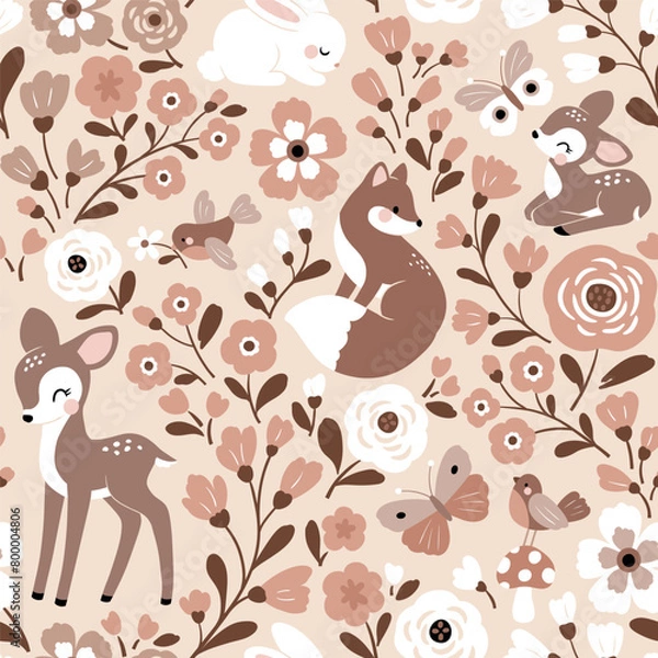 Fototapeta Seamless vector pattern with cute hand drawn woodland animals and flowers. Perfect for textile, wallpaper or print design.
