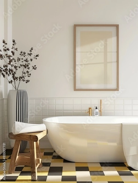 Fototapeta Elegant Minimalism: Oak Framed Art Print in Bathroom