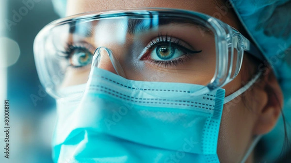 Obraz 病院で働く医療用ゴーグルとマスクをつけた女性 Lady with safety medical glasses and mask in Hospital