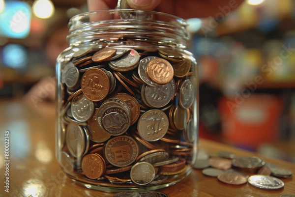 Fototapeta The hand holding the coin put it into a clear glass jar filled with various coins. to save money