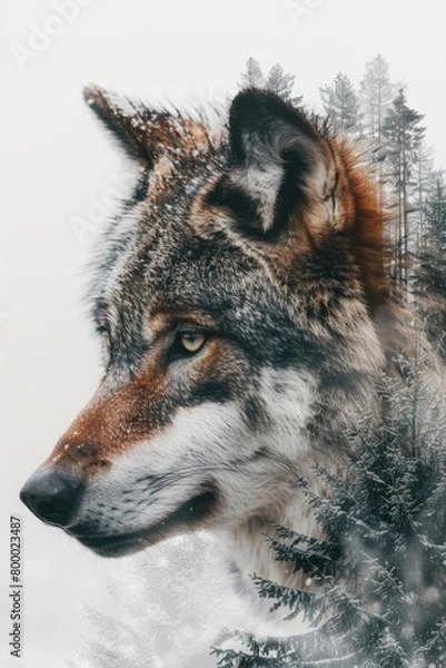 Fototapeta Wolf with Snowy Pine Trees Double Exposure