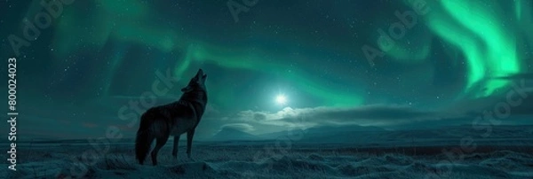 Obraz Wolf Howling at Northern Lights
