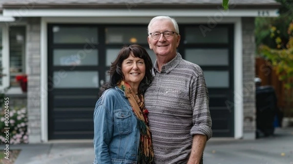 Fototapeta A man and woman posing for a photo in front of a house smiling and looking at the camera with a brick garage door and a well-maintained garden in the background.