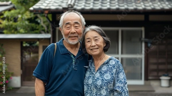 Fototapeta An elderly couple smiling and embracing standing in front of a traditional Japanese house with a tiled roof and wooden structure.