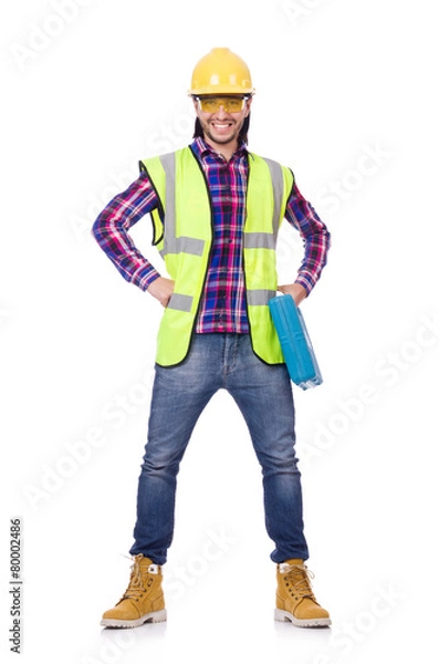 Fototapeta Young construction worker with toolbox isolated on white
