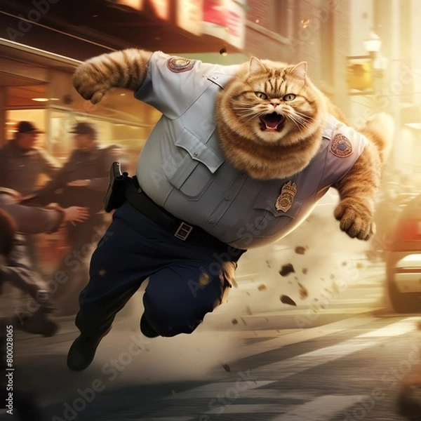 Obraz A Felidae in a police uniform is sprinting along the street