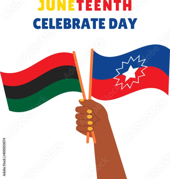 Fototapeta Black hand holding two Juneteenth flags. Independence day nation sign on transparent background