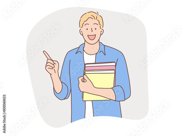 Fototapeta Discover the charm of hand-drawn style vector illustrations featuring a man carrying a book, pointing, and smiling. Perfect for educational, motivational, and business-themed designs