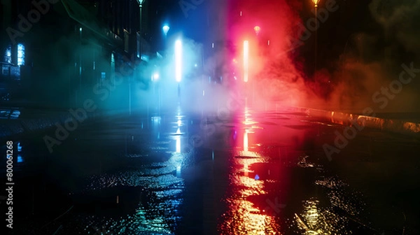 Fototapeta Wet asphalt, reflection of neon lights, a searchlight, smoke. Abstract light in a dark empty street with smoke, smog. Dark background scene of empty street, night view, night city