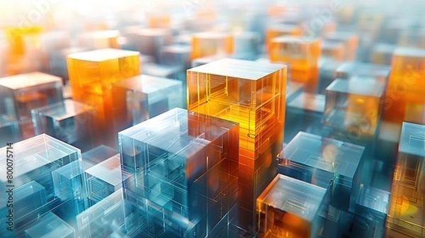 Obraz  Futuristic Minimalist 3D Digital Background with Cubes, Transparent Skyscrapers, and Particle Art in Blue, White, Yellow for Modern Abstract Design Concepts
