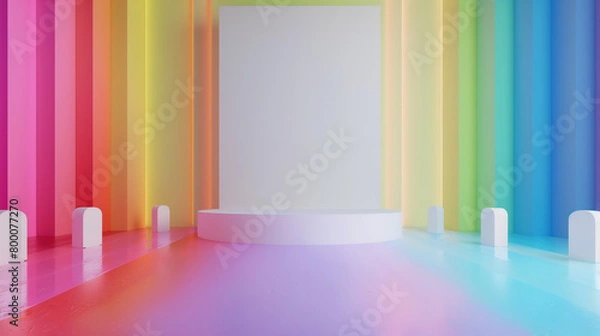 Fototapeta 3d rendering of colorful rainbow background wall with birthday party decoration, rainbow colors, empty wall mock up, birthday invitation, greeting card	
