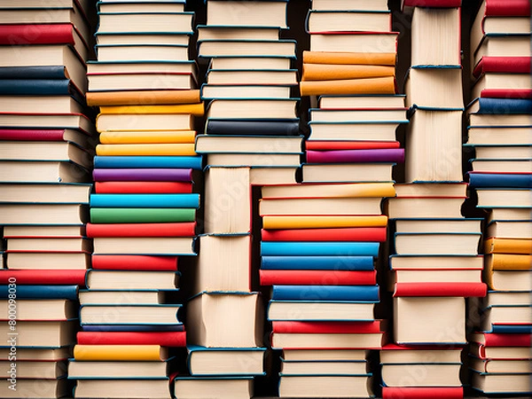 Fototapeta Stacked books with colorful book covers, abstract backgrounds composed of books, educational concepts, World Book Day