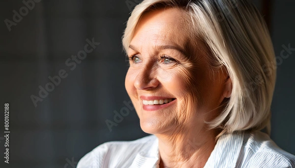 Fototapeta The sweet elderly woman, smiling towards the camera in close-up