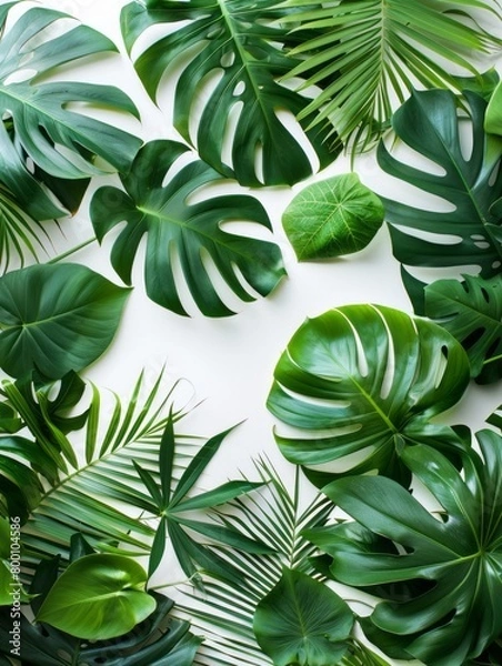 Obraz Green tropical, palm leaves, leaf branches on white background. flat lay, top view