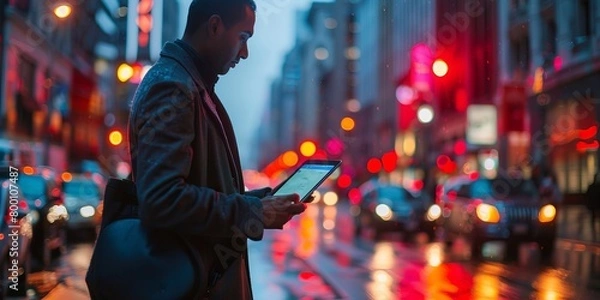 Obraz Crop businessman carrying netbook and using cellphone while standing in street in evening