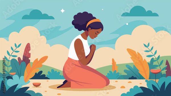 Fototapeta A woman kneels in front of a peaceful garden her head bowed in prayer as she reflects on the significance of Juneteenth and the journey towards. Vector illustration