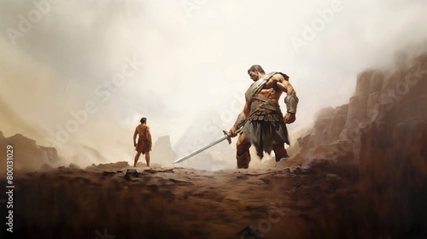 Fototapeta The story of David and Goliath from the Bible illustrates the triumph of faith and strength as the young shepherd defeats the giant, securing a remarkable victory.