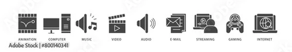 Obraz Multimedia icons set collection illustration of e mail, video, audio, internet, streaming, gaming, music, computer, animation icon live stroke and easy to edit 
