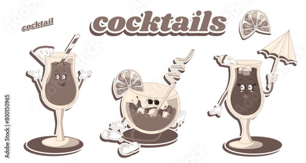 Fototapeta A set of mascots for bars and restaurants. A set of groovy cocktails in brown shades. A character from the 60s and 70s in a modern groovy style.