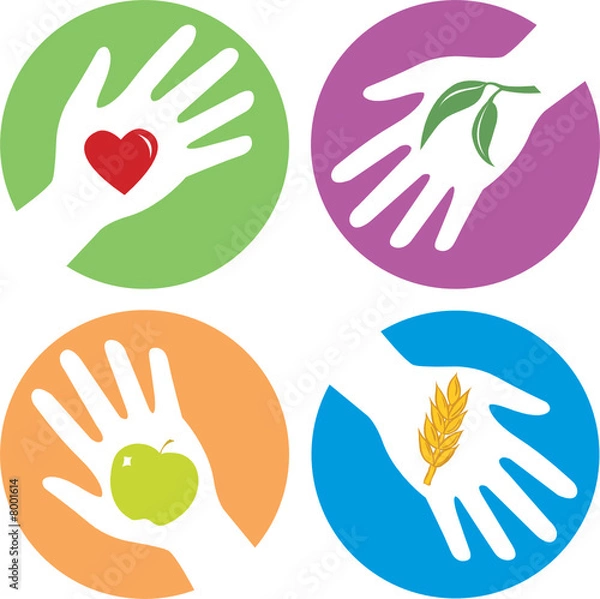 Fototapeta health related hands with apple, heart, wheat and plant