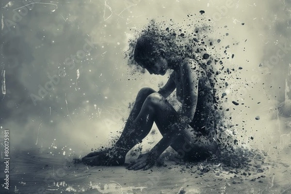 Obraz Black and white artistic person disintegrating into particles despair disintegration