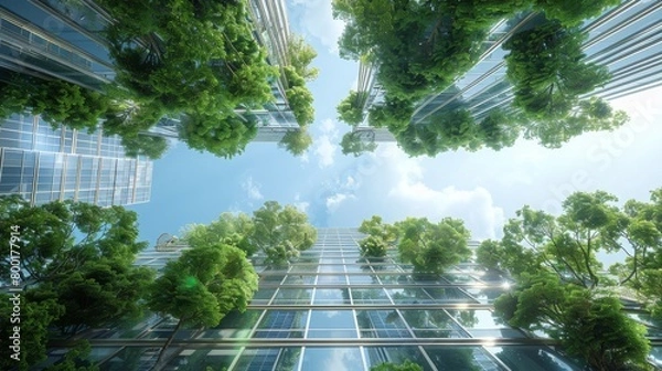 Fototapeta A cityscape with tall buildings and a lot of trees