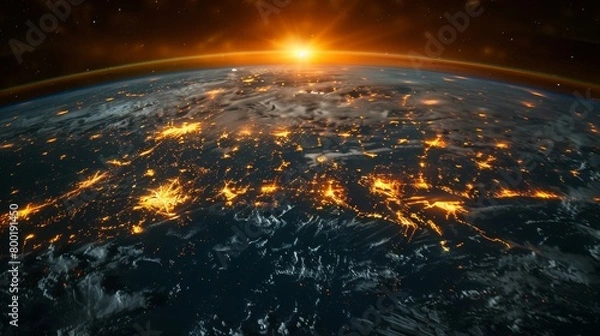 Fototapeta Overhead view of Earth's horizon at sunrise with a city ablaze, evoking themes of disaster and urgency, concept of environmental threats and global awareness