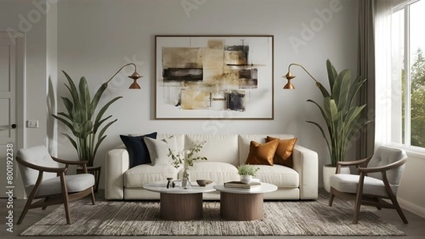 Fototapeta The modern living room sofa is coloured cream. 