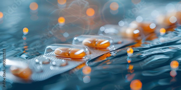 Fototapeta Orange bubbles forming as pills dissolve in water, symbolizing medication being prepared.