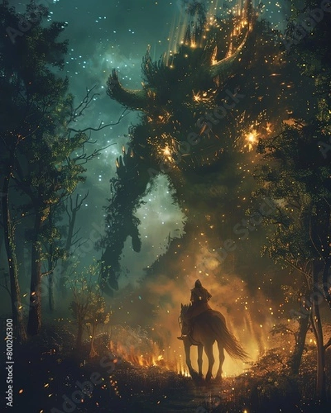 Fototapeta Fantasy art concept knight on horse facing a giant stone monster game cover