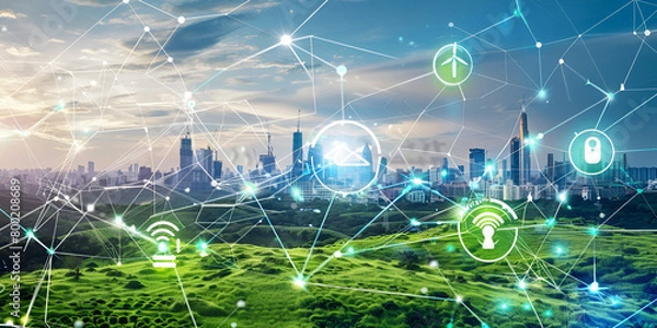 Fototapeta  A futuristic city skyline with advanced technology and sustainable infrastructure.