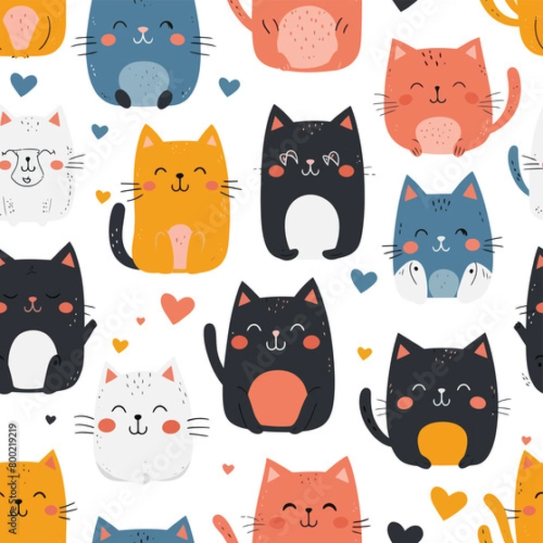 Fototapeta Cat poster. Cartoon cat characters seamless pattern. Different cat`s poses and emotions set. Flat color simple style design