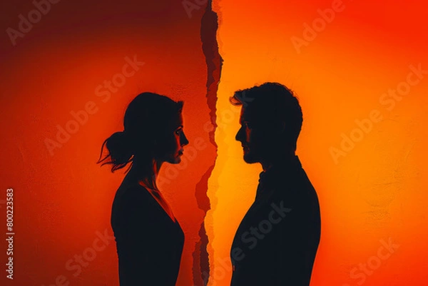 Fototapeta Silhouettes of a couple in marital discord, gazing in opposite directions, on the brink of divorce or separation