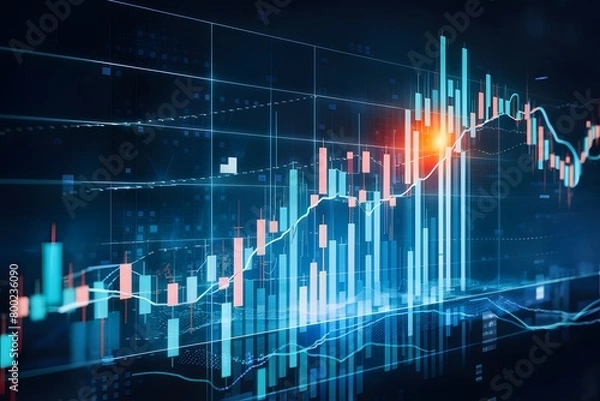 Obraz Futuristic stock market chart with colorful bars on blue teal gradient overlaying digital background Illustrates market trends