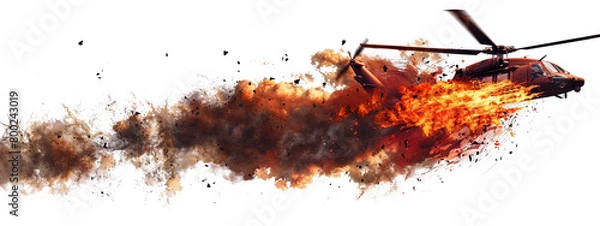Fototapeta Combat helicopter explosion in the air from a missile hit isolated on the transparent background