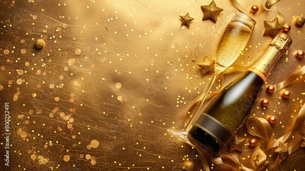 Fototapeta Champagne bottle with confetti stars, holiday decoration and party streamers on gold festive background. Christmas, birthday or wedding concept. Flat lay.