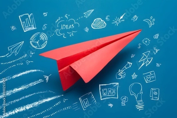 Obraz Red paper airplane flies among hand drawn symbols, symbolizing innovation and ideas taking flight on blue background