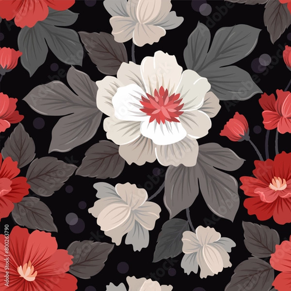 Fototapeta Beautiful red and white flowers on black background seamless pattern. This pattern can be used for fabric textile wallpaper background.