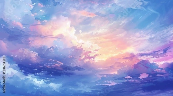 Fototapeta Ethereal watercolor of a sky filled with drifting clouds at dusk, the colors blending into a perfect backdrop for calm and recovery