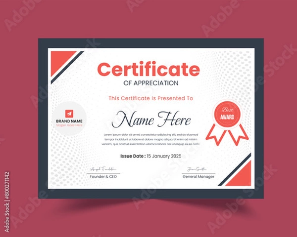 Fototapeta Minimal Professional Certificate Template | Certificate of Appreciation Template Design | Editable Organized Layered Layout