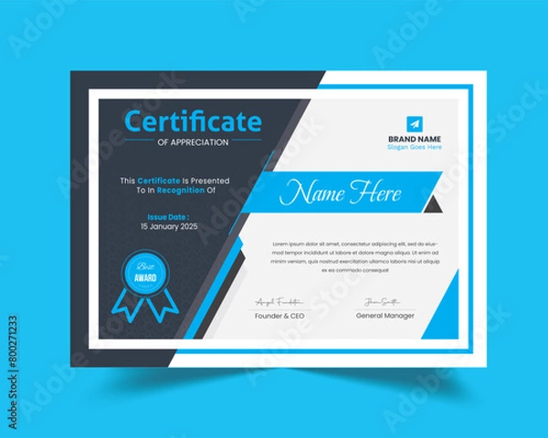 Fototapeta Minimal Professional Certificate Template | Certificate of Appreciation Template Design | Editable Organized Layered Layout