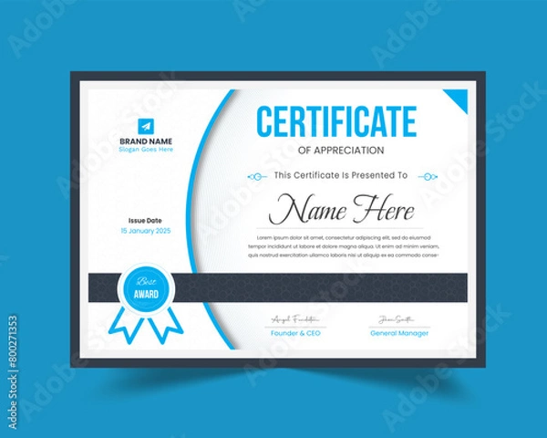 Fototapeta Minimal Professional Certificate Template | Certificate of Appreciation Template Design | Editable Organized Layered Layout