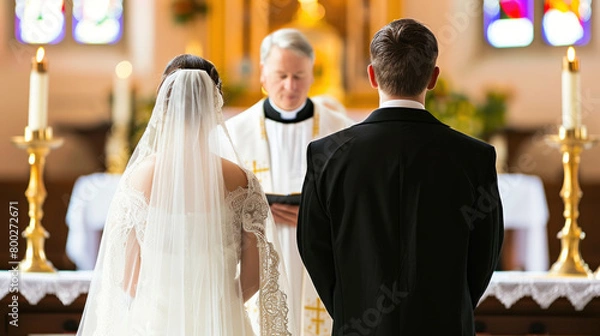 Obraz Bride and groom saying vows at wedding ceremony in church