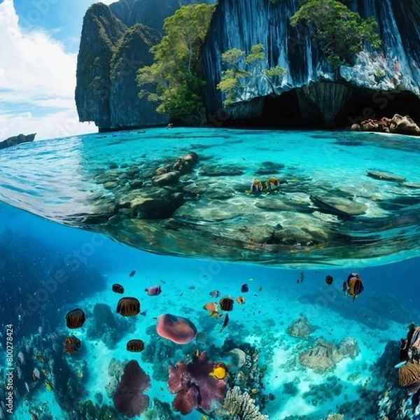 Fototapeta Maya Bay, with a vibrant coral reef teeming with marine life