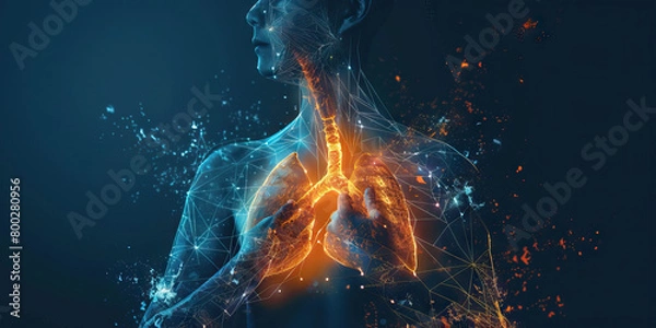 Fototapeta Pleurisy: The Chest Pain and Difficulty Breathing - Picture a person holding their chest with a pained expression, with highlighted lungs and difficulty breathing lines