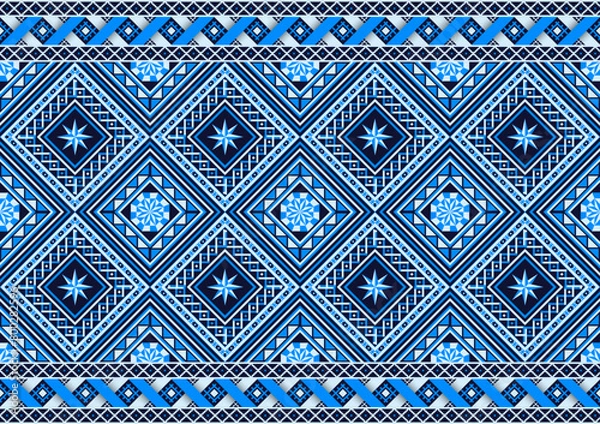 Fototapeta Native ethnic geometric blue diamond seamless ornament pattern retro style. Graphic design for ceramics, wallpaper, textile, web, cards, carpet. Ethnic pattern. Border ornament. Native fabric.